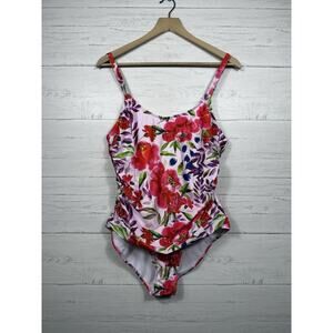 Nicole Miller Studio Womens Pink Floral One Piece Swim Suit size XL Ruched Sides